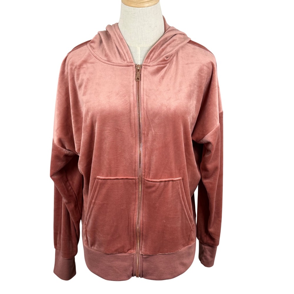 Felina Womens L Zip Up Hoodie Pink Luxe Velour C7589 Relaxed Fit Loungewear Y2K